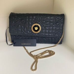 Versace Black Quilted Medusa Icon Baroque Envelope Clutch Wallet On Chain Bag